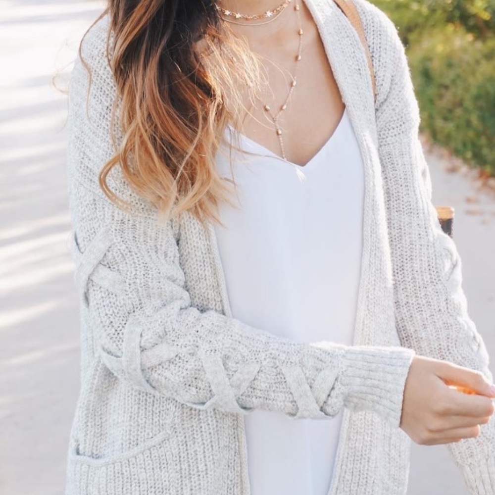 Mossimo Light Gray Cardigan with Cross Detail on Sleeves